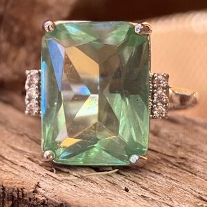 Sterling Silver Ring with Large Green Emerald-Cut Stone & Accent Cubic Zirconia
